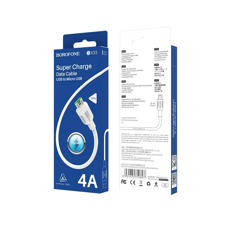 Câble Chargeur USB vers Micro-USB BOROFONE BX33 / 4A / Blanc