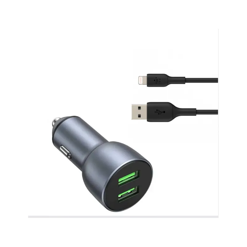 CHARGEUR DE VOITURE FAST CHARGE 2USB 2.4A+CABLE LIGHTNING