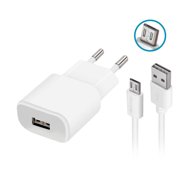 Chargeur Forever TC-01 1x USB 2A BLANC + cable microUSB