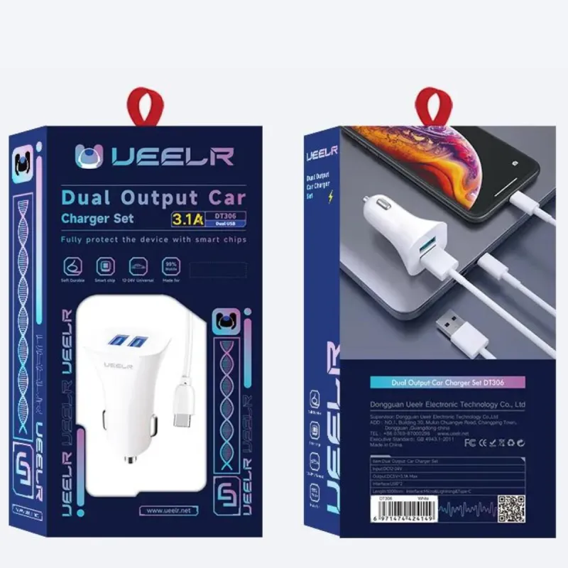 Chargeur Voiture UEELR DT306 2 PORTS USB 3.1A + Câble Micro USB / Blanc