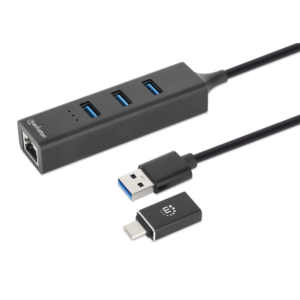 Hub Manhattan combiné USB 3.0 Type-C/A à 3 ports avec adaptateur réseau Gigabit Ethernet