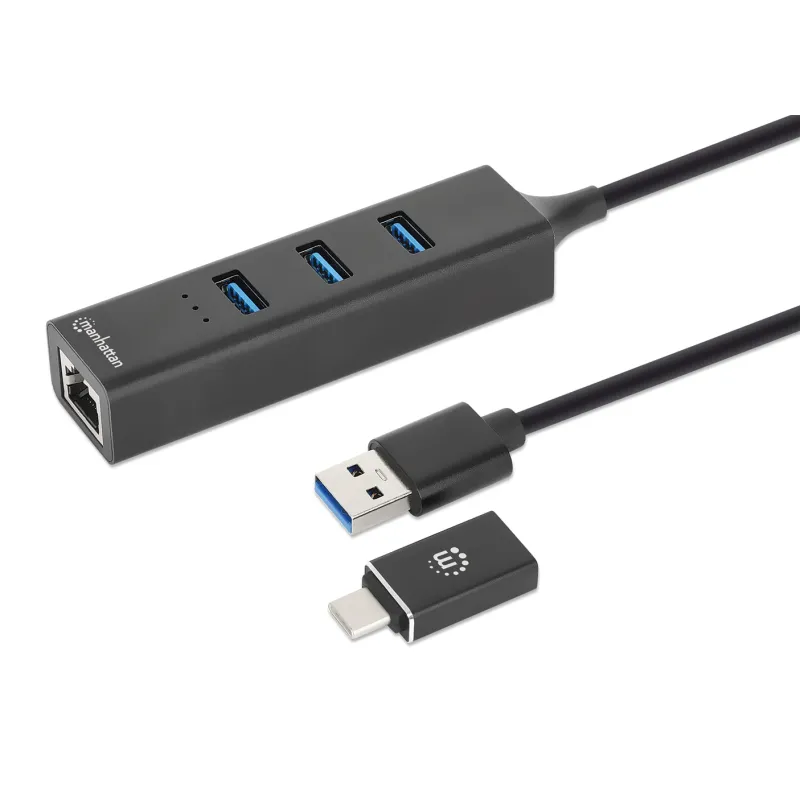 Hub Manhattan combiné USB 3.0 Type-C/A à 3 ports avec adaptateur réseau Gigabit Ethernet