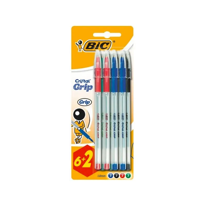 Lot de 8 Stylos bille BIC Cristal Grip  / Moyen 1.0mm / Assortis