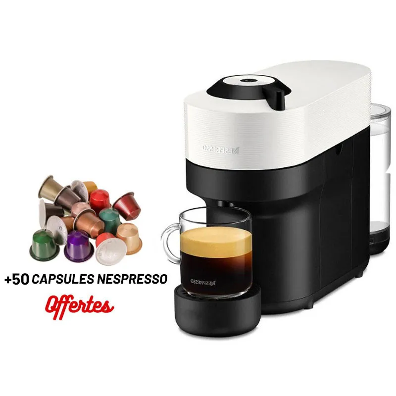 Machine à Café NESPRESSO Vertuo Pop 0.6 Litre / 1300 W / Blanc + 50 Capsules Nespresso Offertes