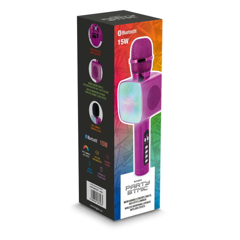 MICROPHONE BLUETOOTH 2 EN 1 KARAOKÉ  ET ENCEINTE PARTY AVEC EFFETS LUMINEUX BIGBEN / 15W / ROSE