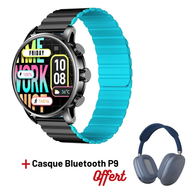 MONTRE CONNECTÉE KIESLECT CALLING WATCH KR 2 / NOIR Avec Casque Bluetooth P9 Bleu