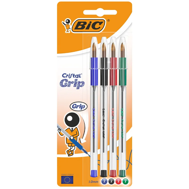PACK DE 4 STYLOS BIC CRISTAL GRIP À BILLE - COULEURS ASSORTIES