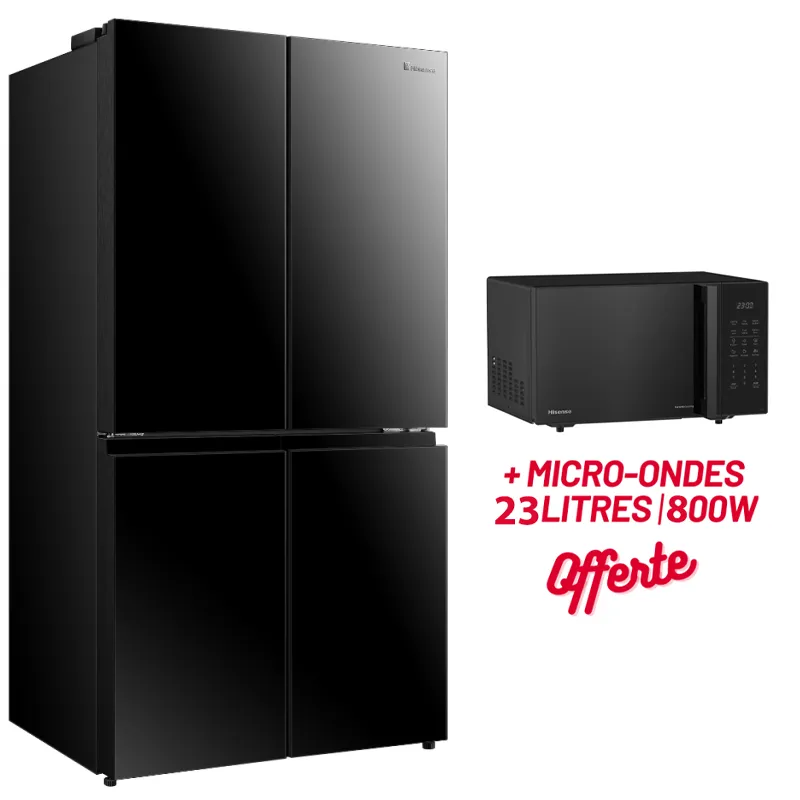 Réfrigérateur Side By Side Hisense RQ5G560NBB1 4 Portes / Inverter / NoFrost / 579 Litres / Noir Avec Micro Onde Hisense 23 Litres / 800 W / Noir Gratuit