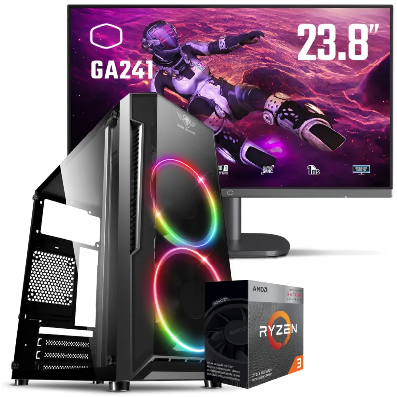 Setup Gamer Special Pc de Bureau Gaming / Ryzen 3 3200G / Vega 8 / 16 Go Avec Écran Gaming Cooler Master 24" Full HD VA / 100 Hz