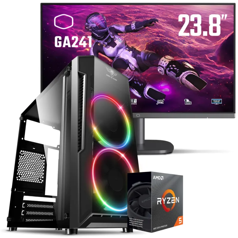 Setup Gamer Special Pc de Bureau Gaming / Ryzen 5 3400G / Vega 11 / 16 Go Avec Écran Gaming Cooler Master 24" Full HD VA / 100 Hz