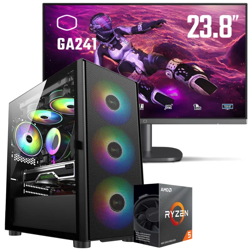 Setup Gamer Special Pc de Bureau Gaming / Ryzen 5 3400G / Vega 11 / 32 Go Avec Écran Gaming Cooler Master 24" Full HD VA / 100 Hz