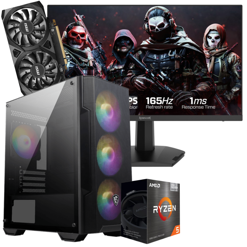 Setup Gamer Special Pc de Bureau Gaming / Ryzen 5 5500 / RTX 3050 6G / 16 Go Avec Écran Gaming Redragon 24" Full HD IPS / 180 Hz