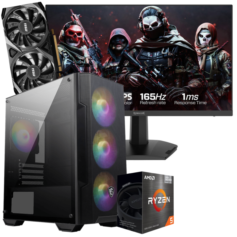 Setup Gamer Special Pc de Bureau Gaming / Ryzen 5 5500 / RTX 3050 8G / 32 Go Avec Écran Gaming Redragon 24" Full HD IPS / 180 Hz