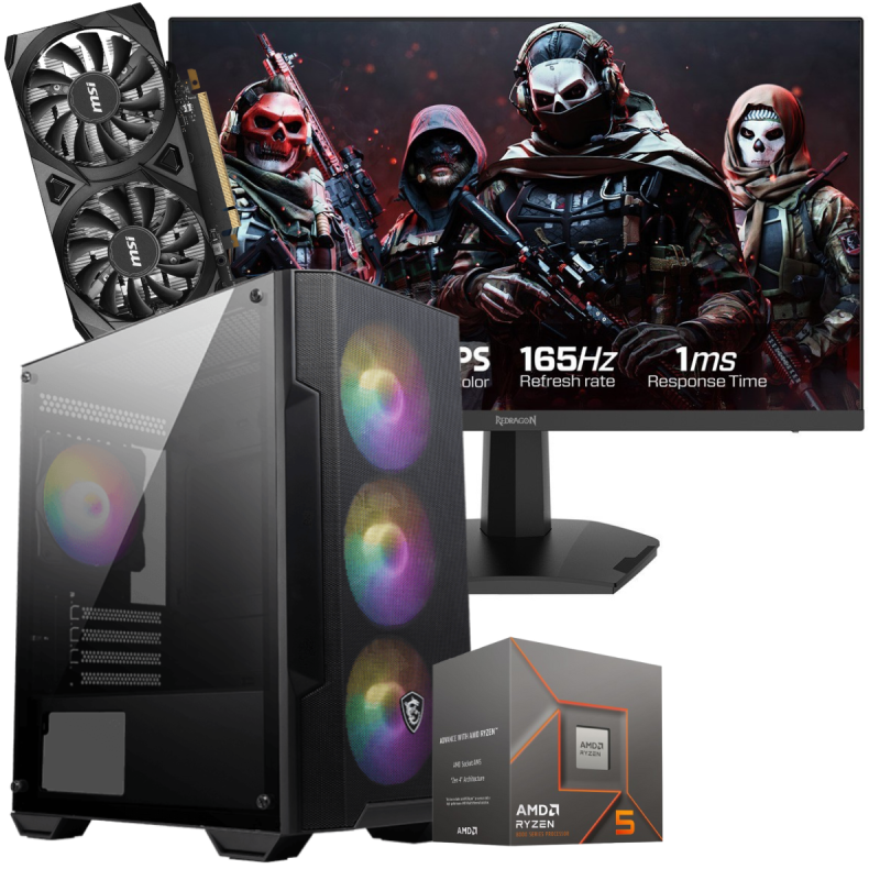 Setup Gamer Special Pc de Bureau Gaming / Ryzen 5 8400F / RTX 3050 6G / 16 Go DDR5 Avec Écran Gaming Redragon 24" Full HD IPS / 180 Hz