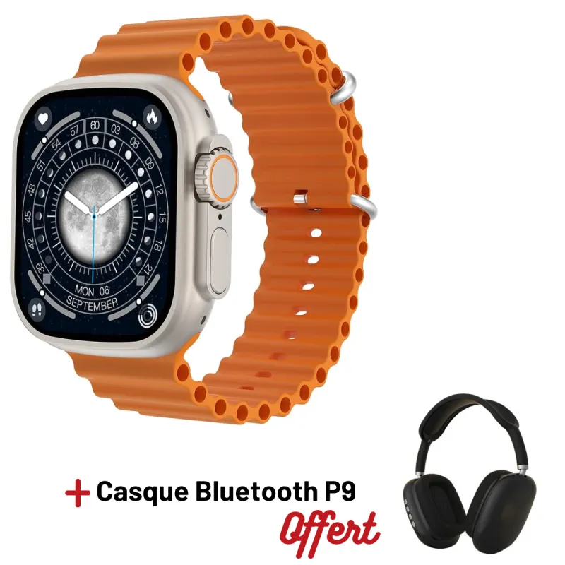 Smartwatch 8 Ultra multifonction SW8 PRO MAX / Orange et Noir Avec Casque Bluetooth P9 Noir Offert