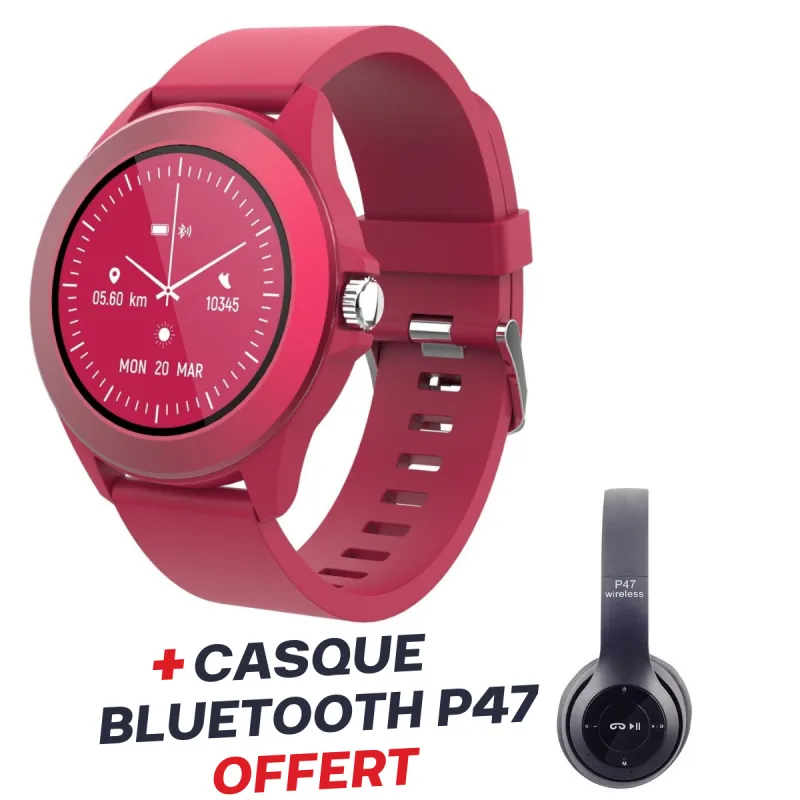 Smartwatch Forever Colorum CW-300 / Magenta Avec Casque Bluetooth P47 Noir Offert