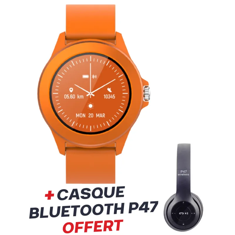 Smartwatch Forever Colorum CW-300 / Orange Avec Casque Bluetooth P47 Noir Offert