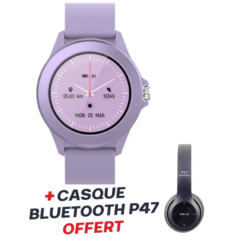 Smartwatch Forever Colorum CW-300 / violet Avec Casque Bluetooth P47 Noir Offert