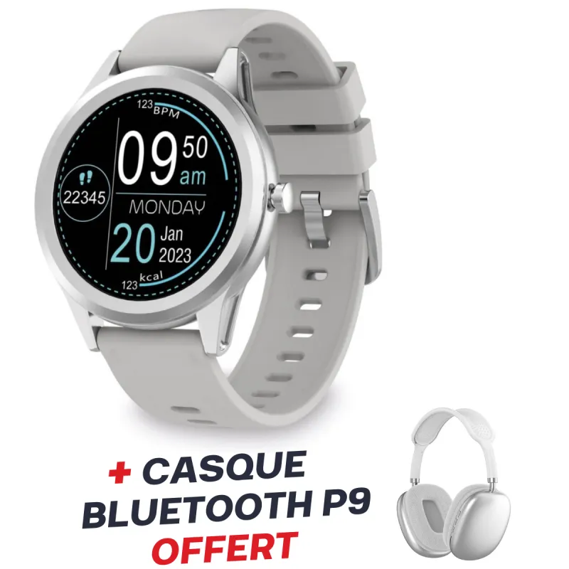 Smartwatch Ksix Globe 1.28" / Gris Avec Casque Bluetooth P9 Blanc Offert