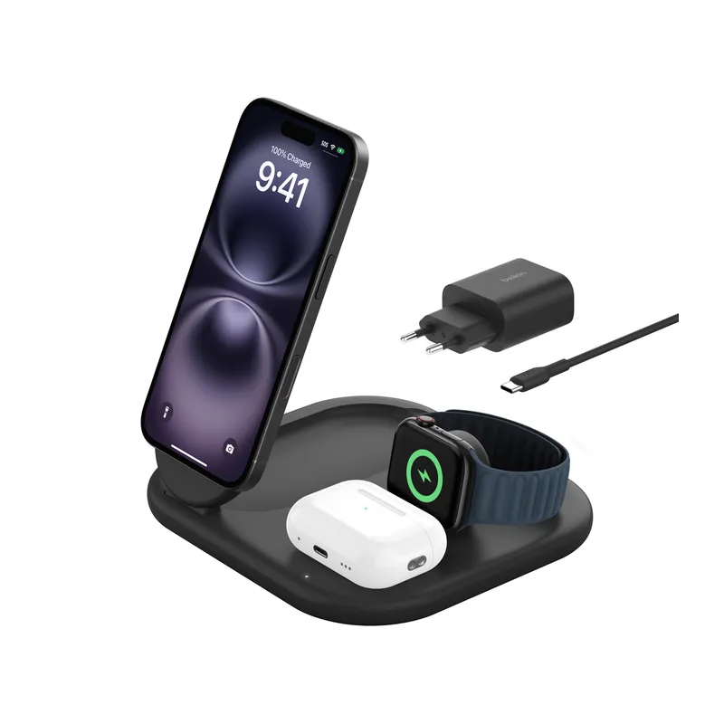 Socle de recharge 3-en-1 aimantée et pliable avec Qi2 15 W / Noir