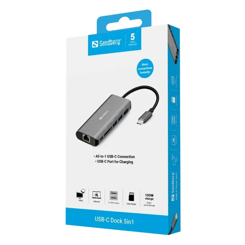 Station d&rsquo;accueil SANDBERG Dock USB-C HDMI + LAN + SD + USB 100W / Gris