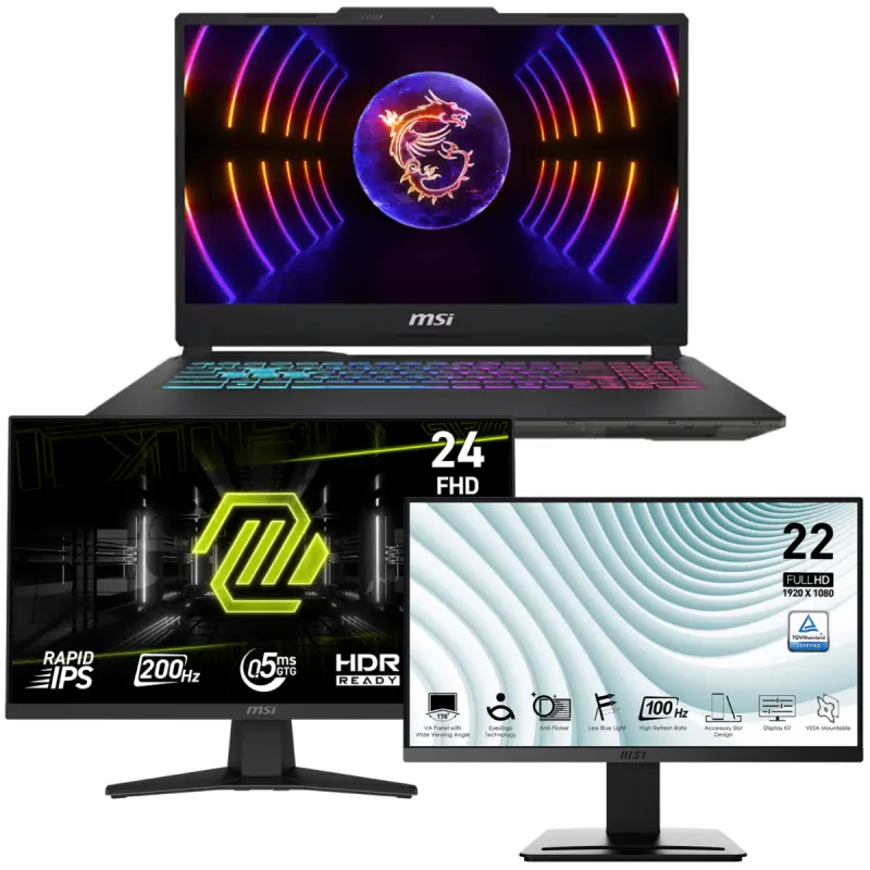 Pc Portable Gamer MSI Cyborg 15 A13V / i7-13620H / RTX 4050 6G / 8 Go DDR5 / 512 Go SSD / Avec Écran Gaming MSI MAG 244F 24&Prime; Full HD IPS / 200 Hz + Écran MSI Pro MP223 E2 21.45&Prime; Full HD VA / 100 Hz