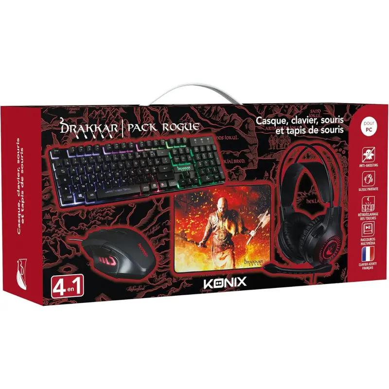 Pack Gaming 4 en 1 Clavier + Souris + Casque + Tapis souris Konix – Drakkar Pack Rogue –