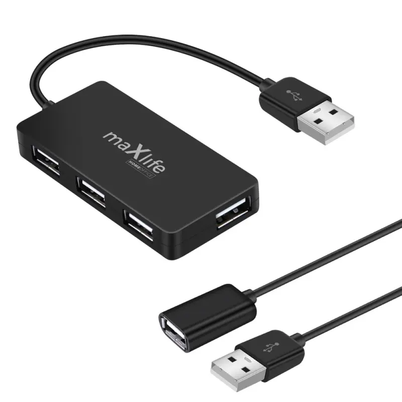 Hub USB Maxlife Home Office USB 2.0 – 4x USB 0,15 m noir + câble 1,5 m