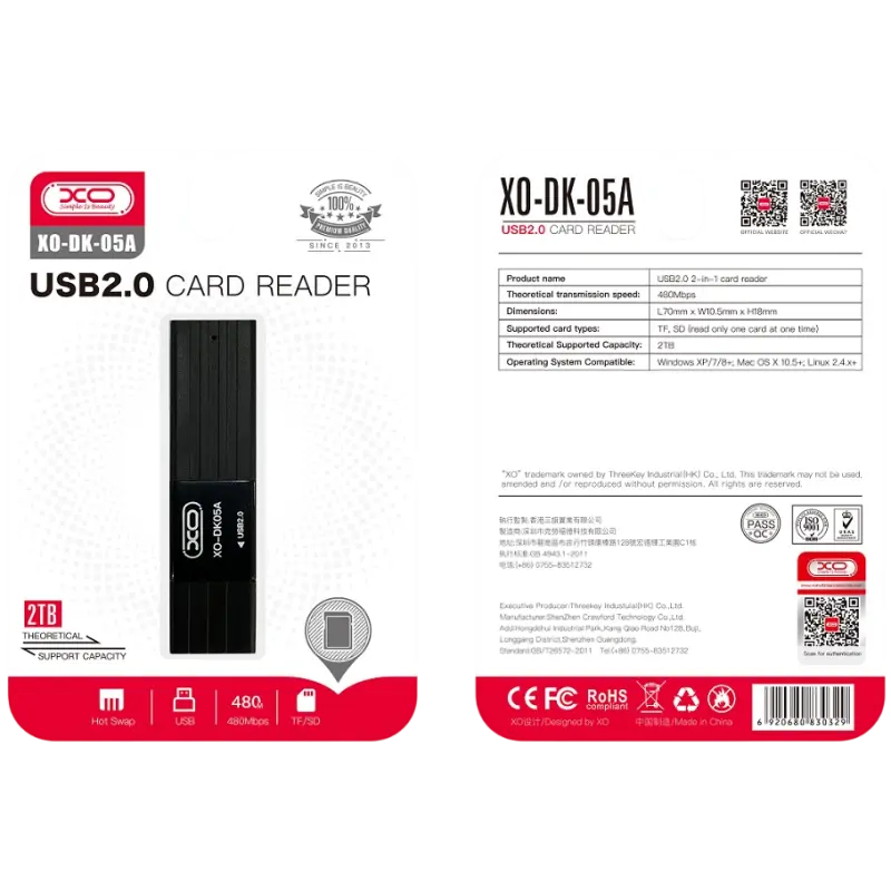 Lecteur de cartes XO 2 en 1 DK05A USB 2.0 / Noir