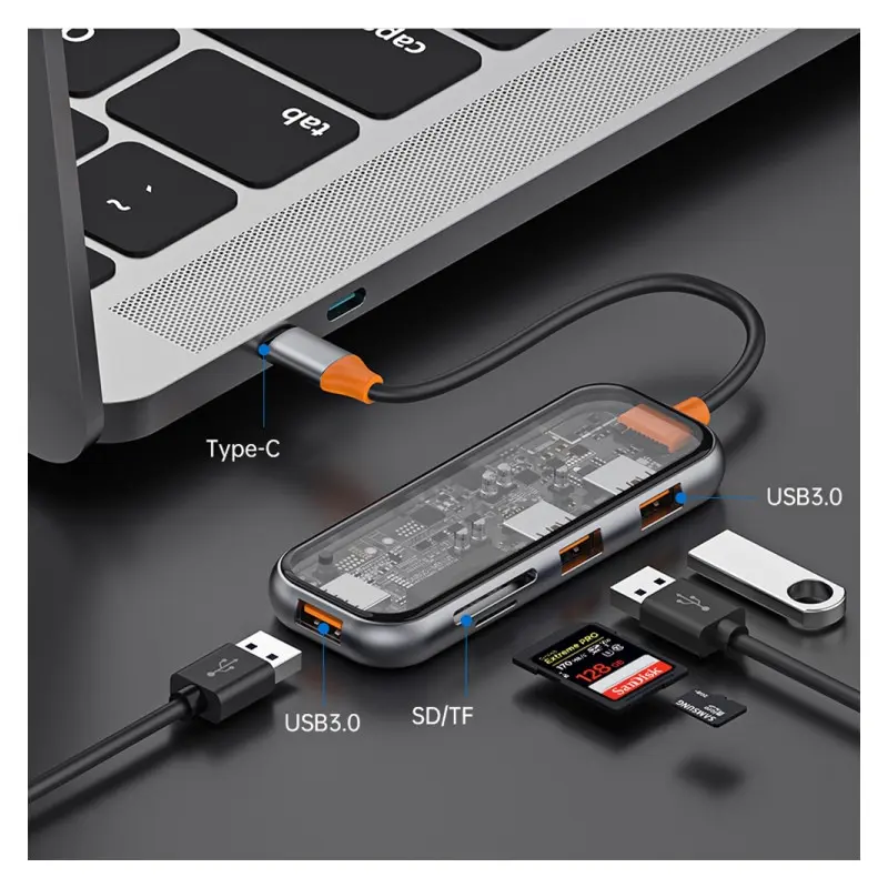 Station d&rsquo;accueil WIWU CB005 CYBER USB-C TRANSPARENT 5 EN 1 / GRIS