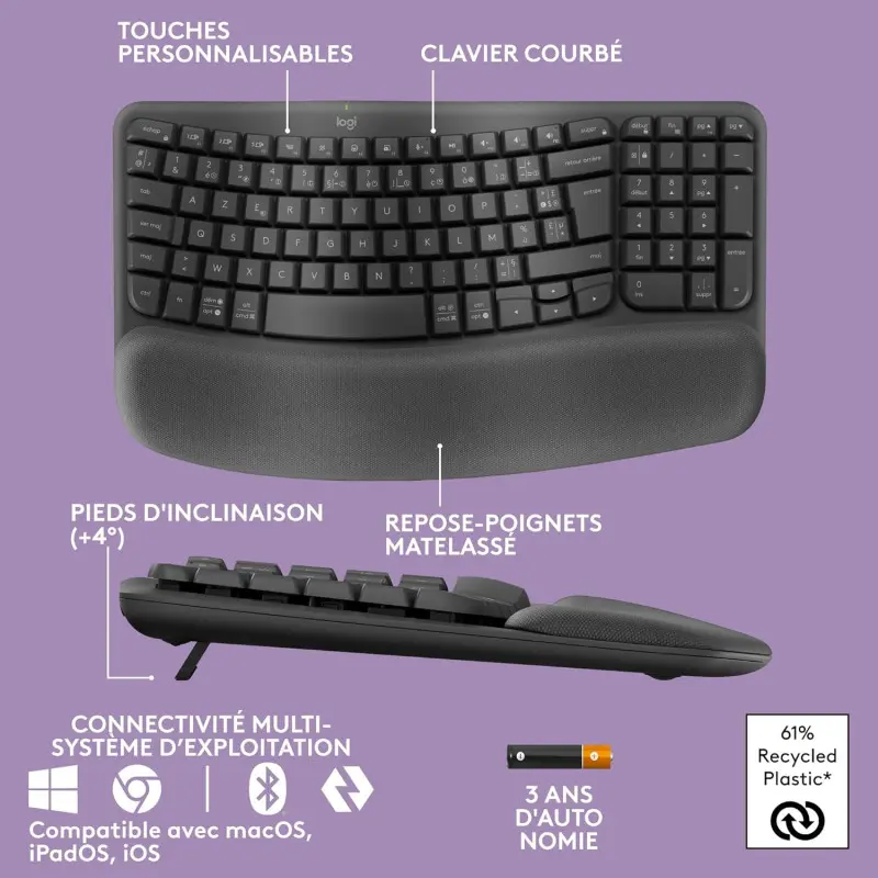 Clavier Sans Fil LOGITECH Ergonomique Wave Keys / Noir