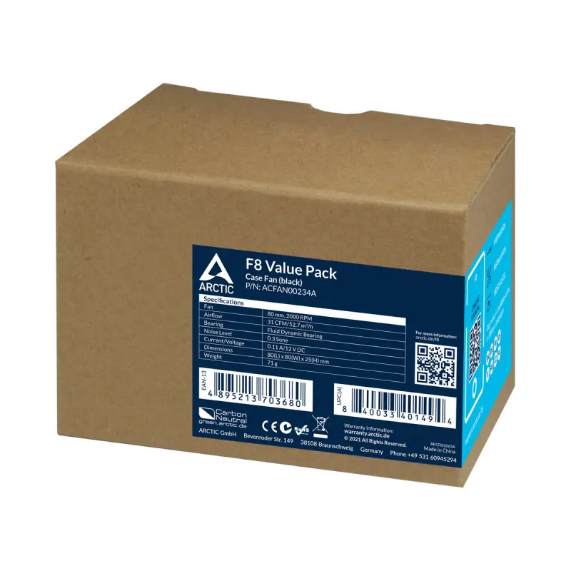 Ventilateur de boîtier Arctic F8 80 MM / 5 Pièces / Noir