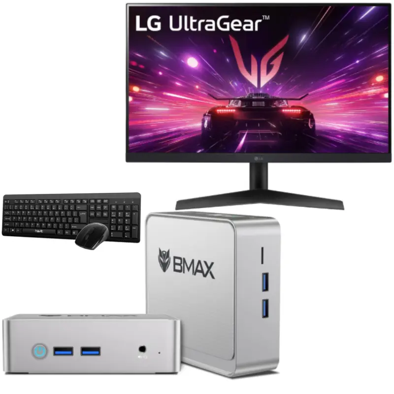 Mini Pc de bureau BMAX B3 N5095 / 8GB 256SSD / Windows 11 / Noir Avec Écran Gaming LG 24GS60F 24 » Full HD IPS 180 Hz / Noir