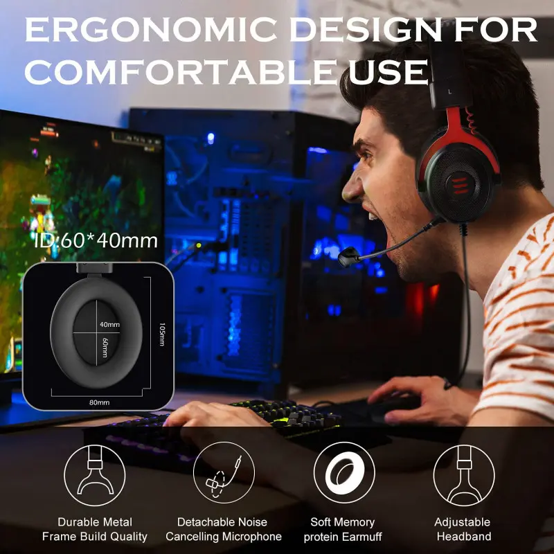 Casque Micro Filaire Gamer EKSA E900 Son stéréo 3D / Noir et Rouge