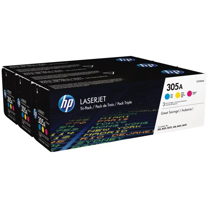 Pack de 3 toners HP 305A LaserJet cyan/magenta/jaune authentiques