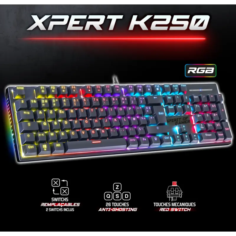 Clavier Gamer Filaire SPIRIT OF GAMER XPERT-K250 RGB Switch Rouge / Noir