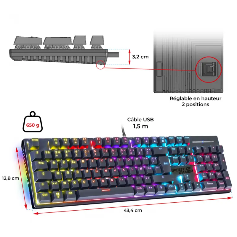 Clavier Gamer Filaire SPIRIT OF GAMER XPERT-K250 RGB Switch Rouge / Noir