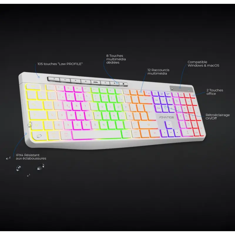 CLAVIER ADVANCE R-TYPE SANS FIL RGB RECHARGEABLE Blanc