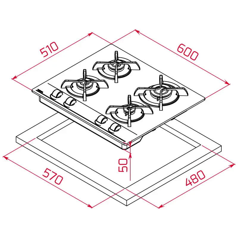 Plaque de cuisson encastrable à gaz Teka GBC 64000 / 4 Feux / 60 cm / Verre Noir