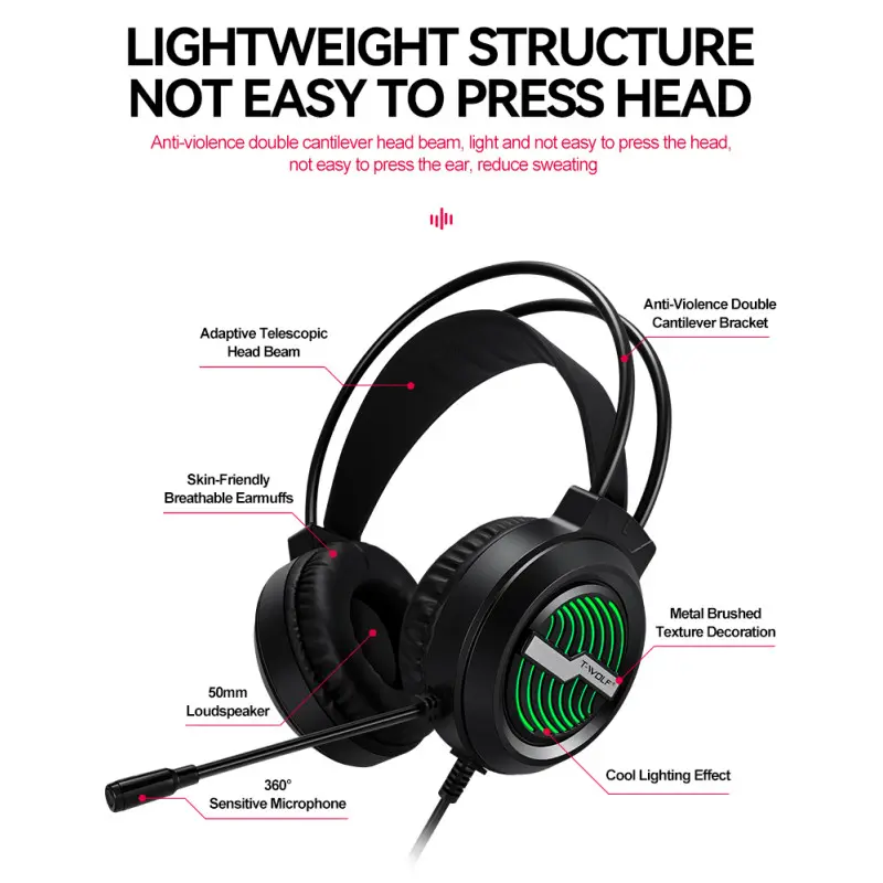 Micro Casque Gamer Filaire T-WOLF H130 RGB – Noir