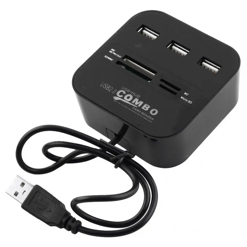 Hub 3 ports USB 2.0 + Lecteur de cartes / Noir