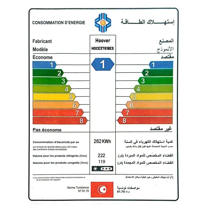 Réfrigérateur Combiné NoFrost Hoover 341 L Silver