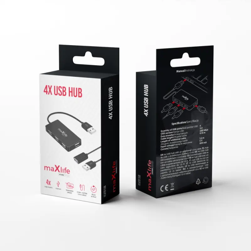 Hub USB Maxlife Home Office USB 2.0 – 4x USB 0,15 m noir + câble 1,5 m