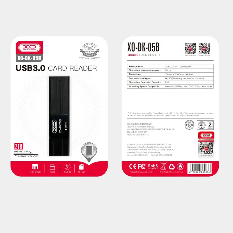 Lecteur de cartes XO 2 en 1 DK05B USB 3.0 noir