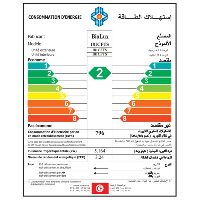 Climatiseur BIOLUX 18 000 BTU Chaud et Froid Tropical Smart / ON/OFF / Garantie 5 ans