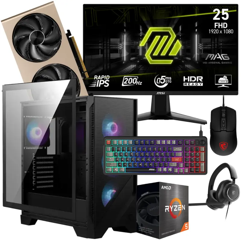 Pc de bureau Gamer ELITE / Ryzen 5 7600 / RTX 5060 8G / 16 Go DDR5 Avec Écran Gaming MSI MAG 24.5&Prime; Full HD IPS / 200 Hz