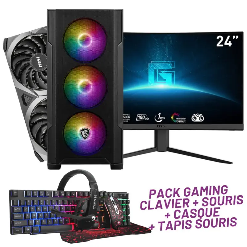 Pc Gaming Full SETUP MSI / i5-10400F / RTX 3060 12G / 32 Go avec Ecran MSI 24&Prime; Full HD 180 Hz