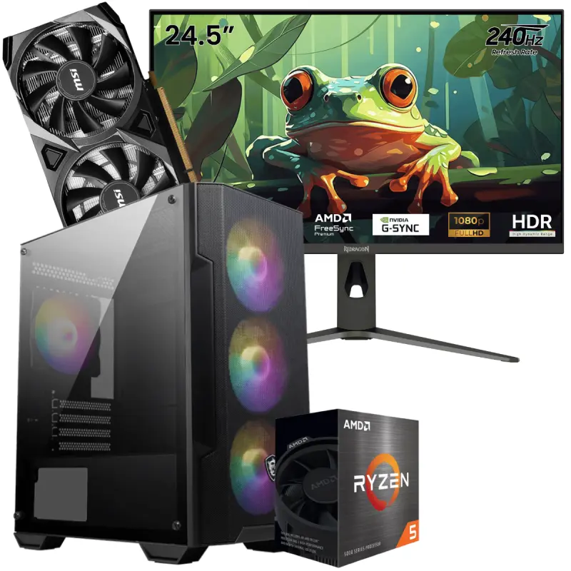Setup Gamer Special Pc de Bureau Gaming / Ryzen 5 5600 / RTX 3050 8G / 16 Go Avec Écran Gaming Redragon HANMON 24.5&Prime; Full HD IPS / 240 Hz