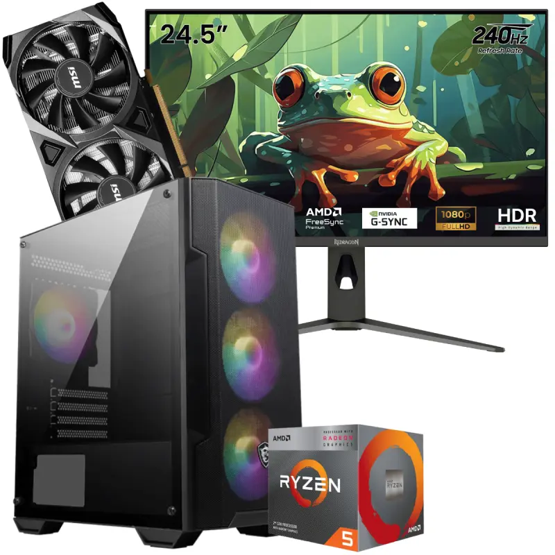 Setup Gamer Special Pc de Bureau Gaming / Ryzen 5 3400G / RTX 3050 8G / 16 Go Avec Écran Gaming Redragon HANMON 24.5&Prime; Full HD IPS / 240 Hz