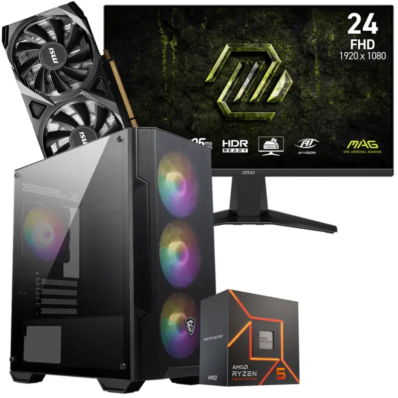 Setup Gamer Special Pc de Bureau Gaming / Ryzen 5 7600 / RTX 3050 8G / 16 Go Avec Écran Gaming MSI MAG 245F X24 24&Prime; Full HD IPS / 240 Hz